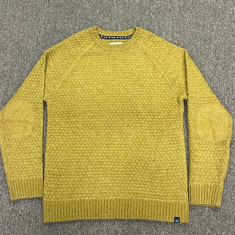 Fat face chunky mens knit sweater mustard yellow cable elbow patches crew size M